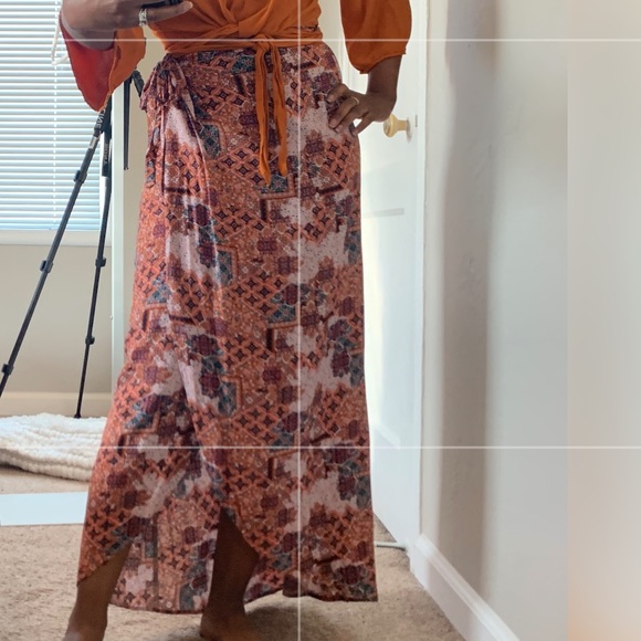 Pink Rose Rust Print Wrap Maxi Skirt Size S - Picture 1 of 12